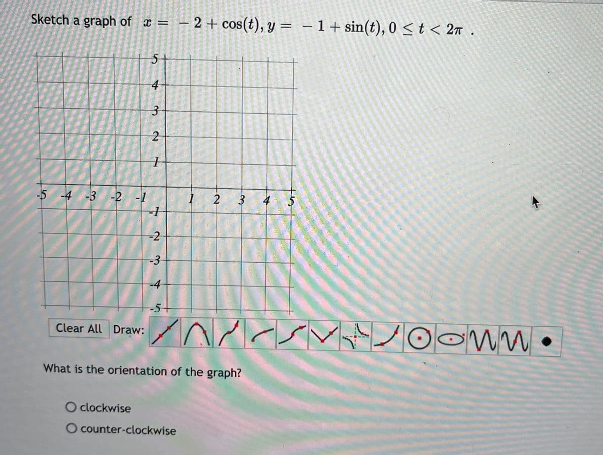 Sketch a graph of x = – 2+ cos(t), y = – 1 + sin(t), 0 < t < 2n .
5+
-5 -4 -3 -2 -1
2
4
5
-2
-3
-4
-5+
Clear All Draw:
What is the orientation of the graph?
O clockwise
O counter-clockwise
3.
3.
