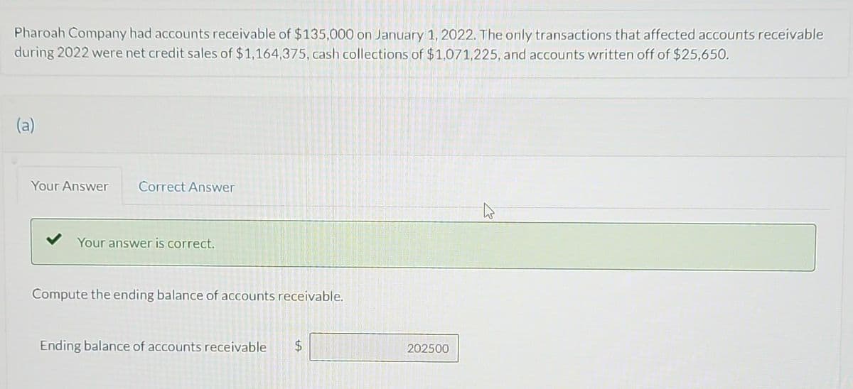 Pharoah Company had accounts receivable of $135,000 on January 1, 2022. The only transactions that affected accounts receivable
during 2022 were net credit sales of $1,164,375, cash collections of $1,071,225, and accounts written off of $25,650.
(a)
Your Answer Correct Answer
Your answer is correct.
Compute the ending balance of accounts receivable.
Ending balance of accounts receivable
TA
$
202500