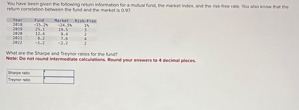 You have been given the following return information for a mutual fund, the market index, and the risk-free rate. You also know that the
return correlation between the fund and the market is 0.97.
Year
2018
2019
2020
2021
2022
Fund
-15.2%
25.1
12.4
6.2
-1.2
Sharpe ratio
Treynor ratio
Market Risk-Free
1%
3
2
4
2
-24.5%
19.5
9.4
7.6
-2.2
What are the Sharpe and Treynor ratios for the fund?
Note: Do not round intermediate calculations. Round your answers to 4 decimal places.