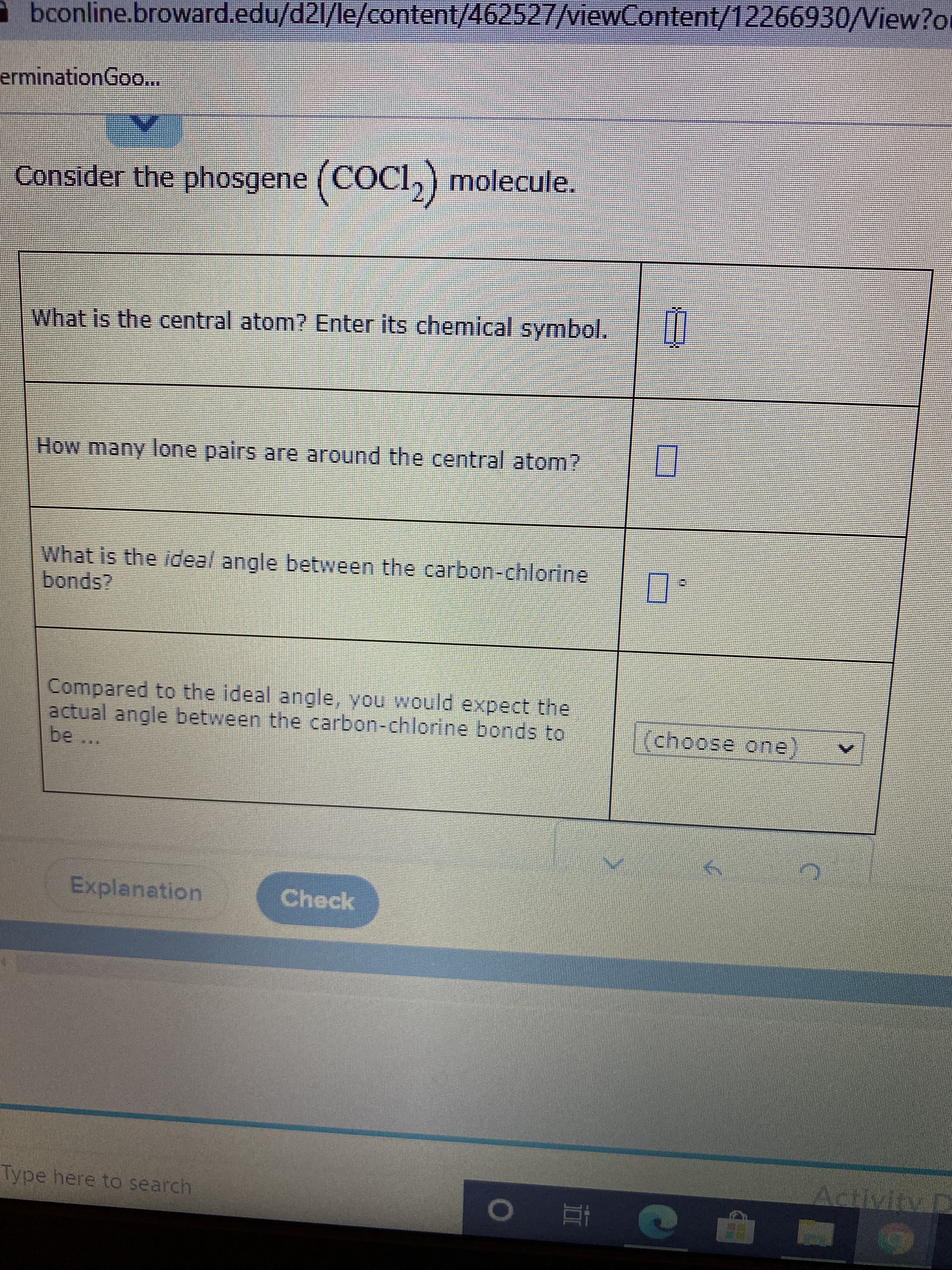 Consider the phosgene (COCI,
molecule.
What is the central atom? Enter its chemical symbol.
