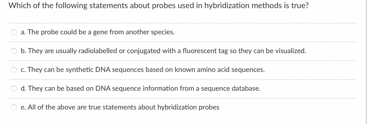Which of the following statements about probes used in hybridization methods is true?
a. The probe could be a gene from another species.
b. They are usually radiolabelled or conjugated with a fluorescent tag so they can be visualized.
c. They can be synthetic DNA sequences based on known amino acid sequences.
d. They can be based on DNA sequence information from a sequence database.
e. All of the above are true statements about hybridization probes