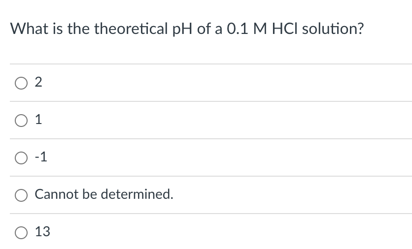 What is the theoretical pH of a 0.1 M HCI solution?
02
0 1
O -1
Cannot be determined.
O 13