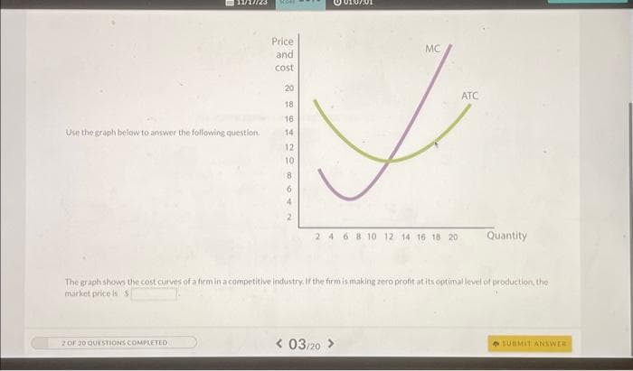 11/1//23
Use the graph below to answer the following question.
2 OF 20 QUESTIONS COMPLETED
Price
and
cost
20
18
16
14
12
이
10
8
6
4
2
MC
2 4 6 8 10 12 14 16 18 20
< 03/20
ATC
The graph shows the cost curves of a firm in a competitive industry. If the firm is making zero profit at its optimal level of production, the
market price is $
Quantity
SUBMIT ANSWER