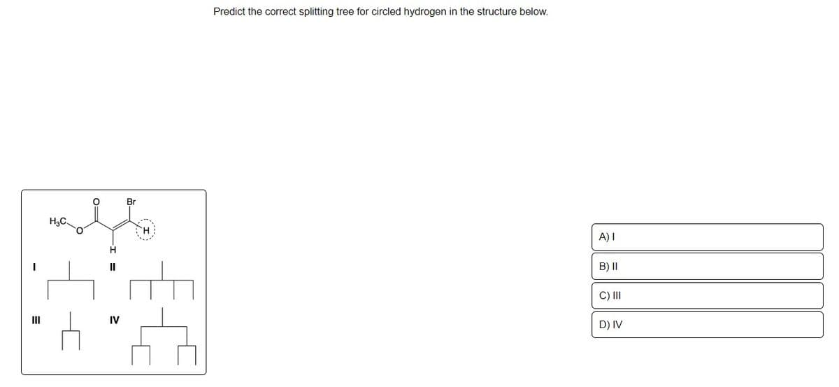 E
Br
all
H3C.
H
+
0=
IV
Predict the correct splitting tree for circled hydrogen in the structure below.
A) I
B) II
C) III
D) IV