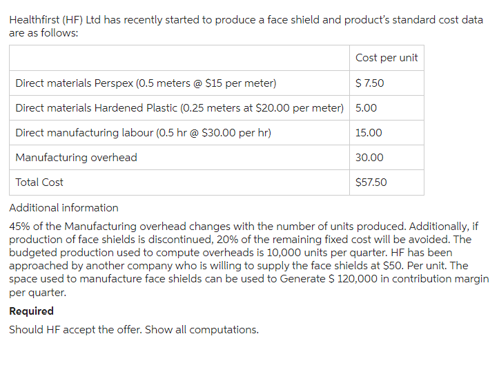 Healthfirst (HF) Ltd has recently started to produce a face shield and product's standard cost data
are as follows:
Cost per unit
Direct materials Perspex (0.5 meters @ $15 per meter)
$ 7.50
Direct materials Hardened Plastic (0.25 meters at $20.00 per meter) 5.00
Direct manufacturing labour (0.5 hr @ $30.00 per hr)
Manufacturing overhead
Total Cost
15.00
Required
Should HF accept the offer. Show all computations.
30.00
$57.50
Additional information
45% of the Manufacturing overhead changes with the number of units produced. Additionally, if
production of face shields is discontinued, 20% of the remaining fixed cost will be avoided. The
budgeted production used to compute overheads is 10,000 units per quarter. HF has been
approached by another company who is willing to supply the face shields at $50. Per unit. The
space used to manufacture face shields can be used to Generate $ 120,000 in contribution margin
per quarter.