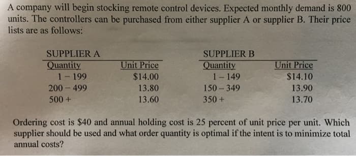 A company will begin stocking remote control devices. Expected monthly demand is 800
units. The controllers can be purchased from either supplier A or supplier B. Their price
lists are as follows:
SUPPLIER A
Quantity
1 - 199
200-499
500+
Unit Price
$14.00
13.80
13.60
SUPPLIER B
Quantity
1 - 149
150-349
350 +
Unit Price
$14.10
13.90
13.70
Ordering cost is $40 and annual holding cost is 25 percent of unit price per unit. Which
supplier should be used and what order quantity is optimal if the intent is to minimize total
annual costs?