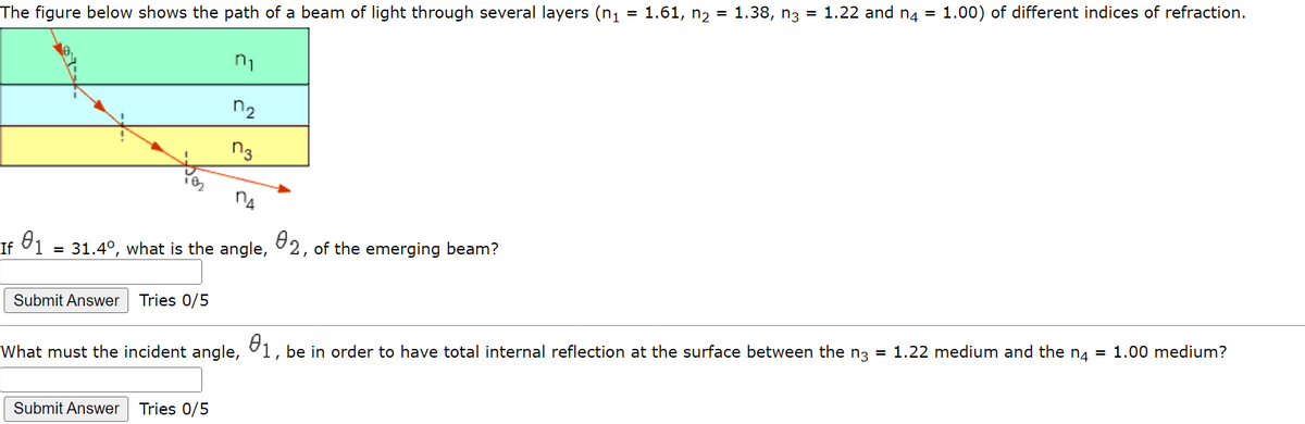 The figure below shows the path of a beam of light through several layers (n₁ = 1.61, n₂ = 1.38, n3 = 1.22 and n4 = 1.00) of different indices of refraction.
NA
If
01 = 31.4°, what is the angle, 92, of the emerging beam?
Submit Answer Tries 0/5
n₁
n₂
n3
What must the incident angle, 1, be in order to have total internal reflection at the surface between the n3 = 1.22 medium and the n4 = 1.00 medium?
Submit Answer Tries 0/5