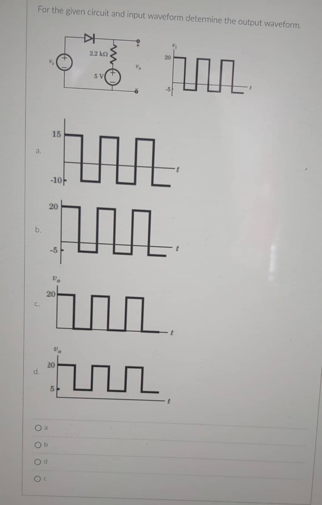 For the given circuit and input waveform determine the output waveform.
a.
b.
C.
d.
a
b
15
20
d
-10
20
OC
20
-5
5
▷
2.2 k
5 V
பப
Dj
20
pun
m
UL
n
11.