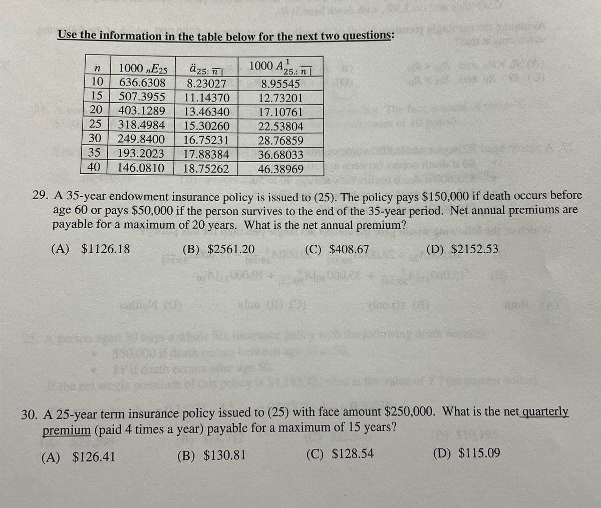 Use the information in the table below for the next two questions:
n
1000 E25
ä25: n
1000 A
1
25.: n |
10
636.6308
8.23027
8.95545
15
507.3955
11.14370
12.73201
20
403.1289 13.46340
17.10761
25
318.4984 15.30260
22.53804
30
249.8400 16.75231
28.76859
35
193.2023 17.88384
36.68033
40 146.0810 18.75262
46.38969
A
29. A 35-year endowment insurance policy is issued to (25). The policy pays $150,000 if death occurs before
age 60 or pays $50,000 if the person survives to the end of the 35-year period. Net annual premiums are
payable for a maximum of 20 years. What is the net annual premium?
(A) $1126.18
M (0)
(B) $2561.20
2. A pertos aged 30 buys a whole
If the
(C) $408.67
vluo (1) ()
vico 0) (8)
the following
(D) $2152.53
30. A 25-year term insurance policy issued to (25) with face amount $250,000. What is the net quarterly
premium (paid 4 times a year) payable for a maximum of 15 years?
(A) $126.41
(B) $130.81
(C) $128.54
(D) $115.09