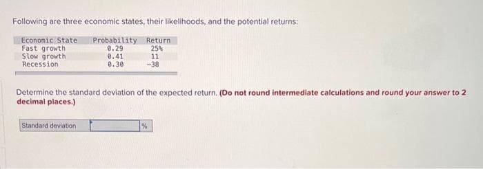 Following are three economic states, their likelihoods, and the potential returns:
Probability Return
0.29
25%
11
-38
Economic State
Fast growth
Slow growth
Recession
0.41
0.30
Determine the standard deviation of the expected return. (Do not round intermediate calculations and round your answer to 2
decimal places.)
Standard deviation
%