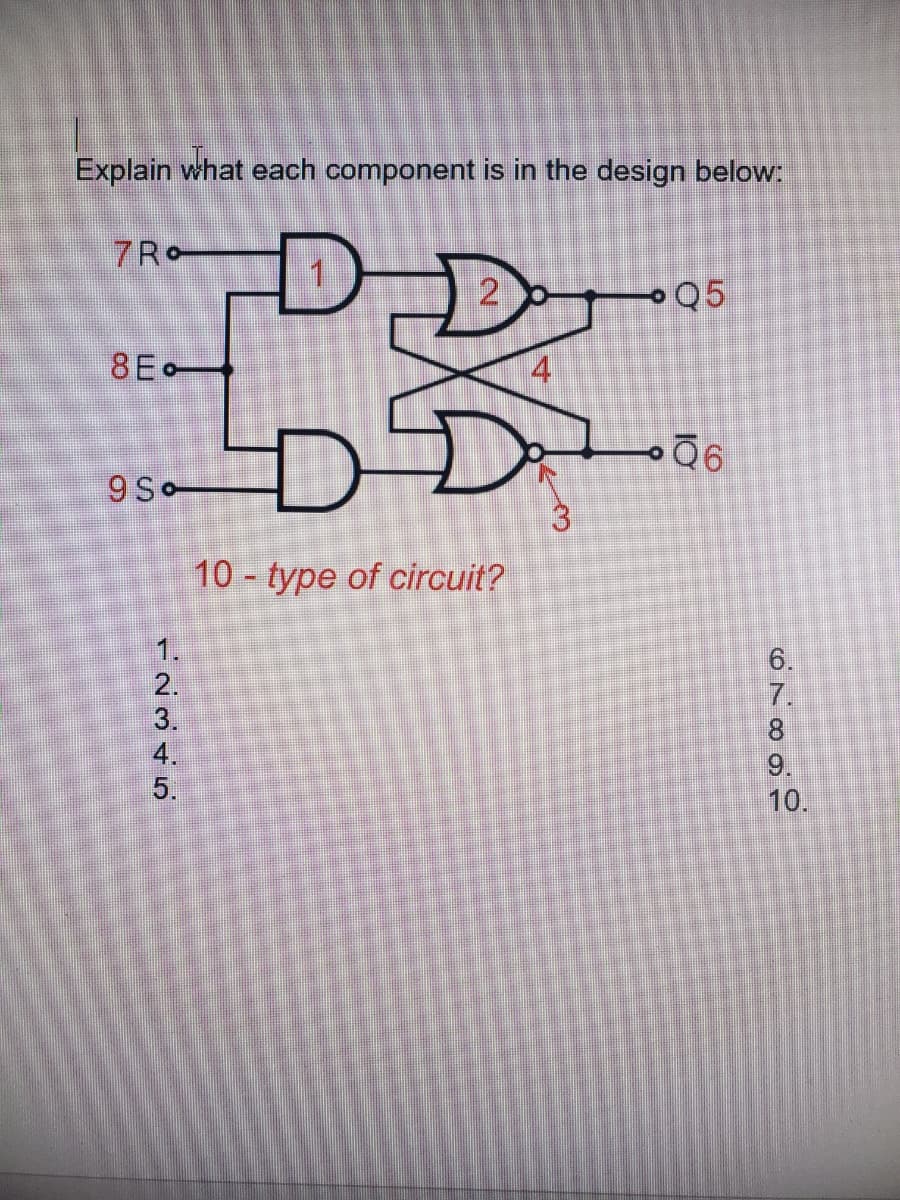 Explain what each component is in the design below:
DD
7Ro
PQ5
8Eo
DD
9 So
10 - type of circuit?
1.
6.
2.
7.
3.
8.
4.
9.
5.
10.
CO
