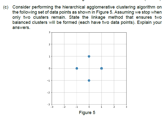 (c) Consider performing the hierarchical agglomerative clustering algorithm on
the following set of data points as shown in Figure 5. Assuming we stop when
only two clusters remain. State the linkage method that ensures two
balanced clusters will be formed (each have two data points). Explain your
answers.
2
1
-1
-2
-3
-3
-2
-1
1
2
3
Figure 5
