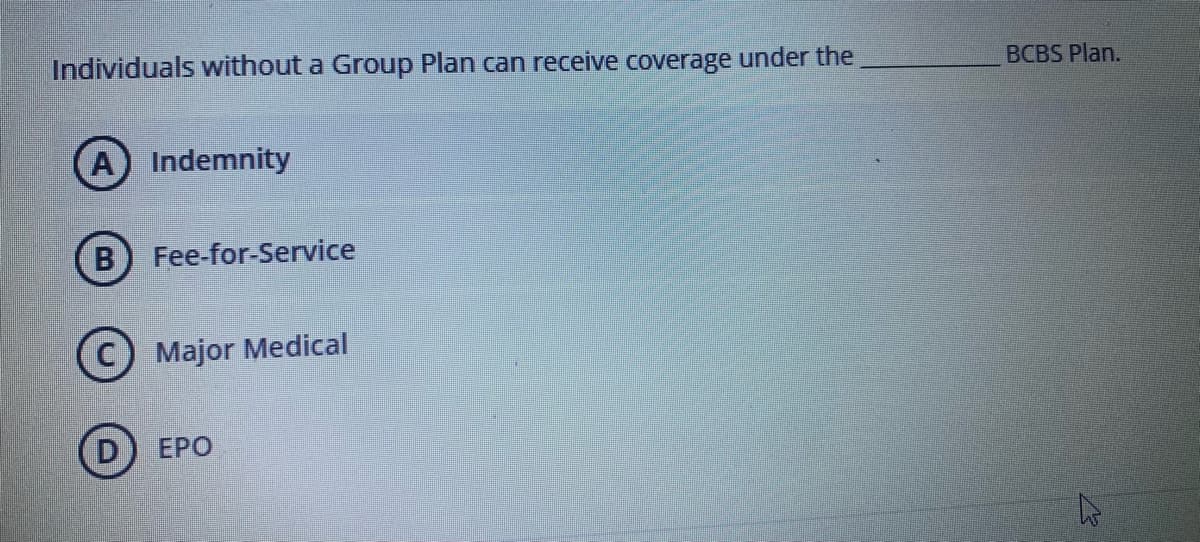 Individuals without a Group Plan can receive coverage under the
BCBS Plan.
A Indemnity
B Fee-for-Service
Major Medical
(D
EPO
