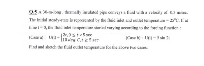 Q.5 A 30-m-long, thermally insulated pipe conveys a fluid with a velocity of 0.3 m/sec.
The initial steady-state is represented by the fluid inlet and outlet temperature = 25°C. If at
time t = 0, the fluid inlet temperature started varying according to the forcing function:
(Case a): U(t)-10 deg. C, t ≥ 5
(2t,0 ≤t<5 sec
(Case b): U(t) = 5 sin 2t
sec
Find and sketch the fluid outlet temperature for the above two cases.