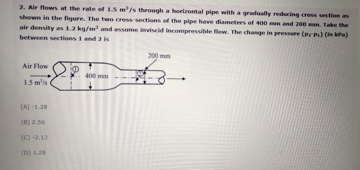 2. Air flows at the rate of 1.5 m²/s through a horizontal pipe with a gradually reducing cross section as
shown in the figure. The two cross-sections of the pipe have diameters of 400 mm and 200 mm. Take the
air density as 1.2 kg/m² and assume inviscid incompressible flow. The change in pressure (P2-P1) (in kPa)
between sections 1 and 2 is
200 mm
Air Flow
400 mm
1.5 m/s
(A) -1.28
(B) 2.56
(C) -2.13
(D) 1.28
