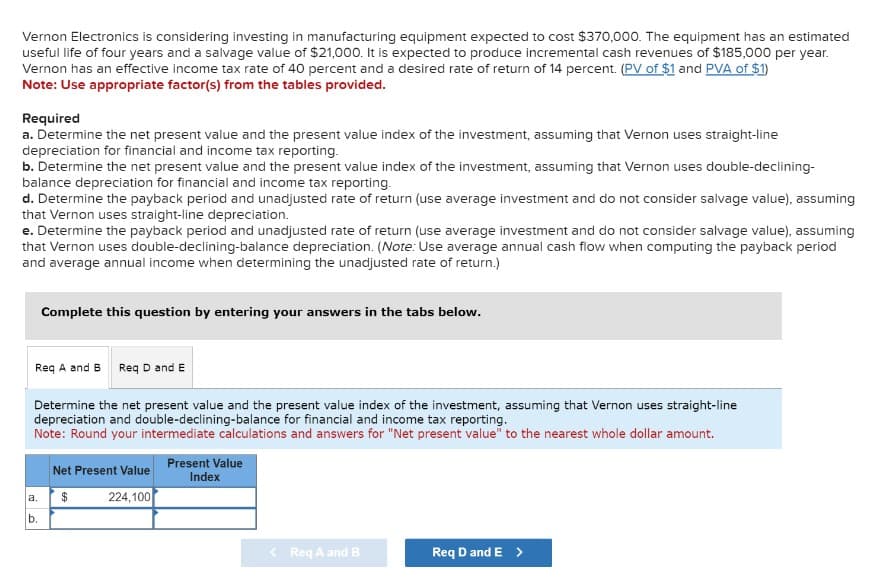 Vernon Electronics is considering investing in manufacturing equipment expected to cost $370,000. The equipment has an estimated
useful life of four years and a salvage value of $21,000. It is expected to produce incremental cash revenues of $185,000 per year.
Vernon has an effective income tax rate of 40 percent and a desired rate of return of 14 percent. (PV of $1 and PVA of $1)
Note: Use appropriate factor(s) from the tables provided.
Required
a. Determine the net present value and the present value index of the investment, assuming that Vernon uses straight-line
depreciation for financial and income tax reporting.
b. Determine the net present value and the present value index of the investment, assuming that Vernon uses double-declining-
balance depreciation for financial and income tax reporting.
d. Determine the payback period and unadjusted rate of return (use average investment and do not consider salvage value), assuming
that Vernon uses straight-line depreciation.
e. Determine the payback period and unadjusted rate of return (use average investment and do not consider salvage value), assuming
that Vernon uses double-declining-balance depreciation. (Note: Use average annual cash flow when computing the payback period
and average annual income when determining the unadjusted rate of return.)
Complete this question by entering your answers in the tabs below.
Req A and B Req D and E
Determine the net present value and the present value index of the investment, assuming that Vernon uses straight-line
depreciation and double-declining-balance for financial and income tax reporting.
Note: Round your intermediate calculations and answers for "Net present value" to the nearest whole dollar amount.
Net Present Value
Present Value
Index
a.
$
b.
224,100
<Req A and B
Req D and E >