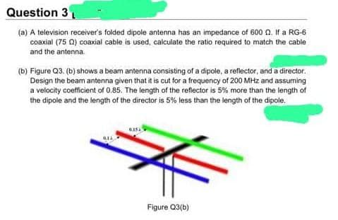 Question 3
(a) A television receiver's folded dipole antenna has an impedance of 600 0. If a RG-6
coaxial (75 0) coaxial cable is used, calculate the ratio required to match the cable
and the antenna.
(b) Figure Q3. (b) shows a beam antenna consisting of a dipole, a reflector, and a director.
Design the beam antenna given that it is cut for a frequency of 200 MHz and assuming
a velocity coefficient of 0.85. The length of the reflector is 5% more than the length of
the dipole and the length of the director is 5% less than the length of the dipole.
0.15
Figure Q3(b)
