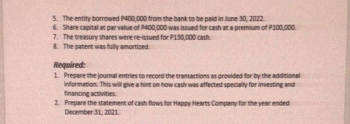 5. The entity borrowed P400,000 from the bank to be paid in June 30, 2022.
6. Share capital at par value of P400,000 was issued for cash at a premium of P100,000.
7. The treasury shares were re-issued for P130,000 cash.
8. The patent was fully amortized.
Required:
1 Prepare the journal entries to record the transactions as provided for by the additional
information. This will give a hint on how cash was affected specially for investing and
financing activities.
2. Prepare the statement of cash flows for Happy Hearts Company for the year ended
December 31, 2021.
