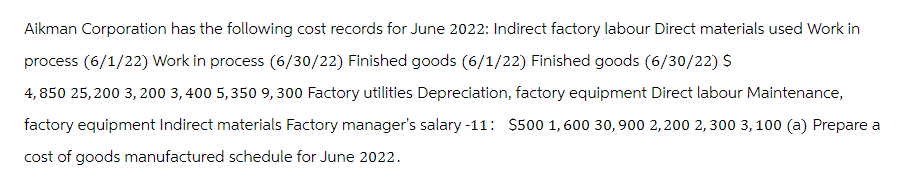 Aikman Corporation has the following cost records for June 2022: Indirect factory labour Direct materials used Work in
process (6/1/22) Work in process (6/30/22) Finished goods (6/1/22) Finished goods (6/30/22) S
4,850 25,200 3,200 3,400 5,350 9,300 Factory utilities Depreciation, factory equipment Direct labour Maintenance,
factory equipment Indirect materials Factory manager's salary-11: $500 1,600 30,900 2,200 2,300 3,100 (a) Prepare a
cost of goods manufactured schedule for June 2022.