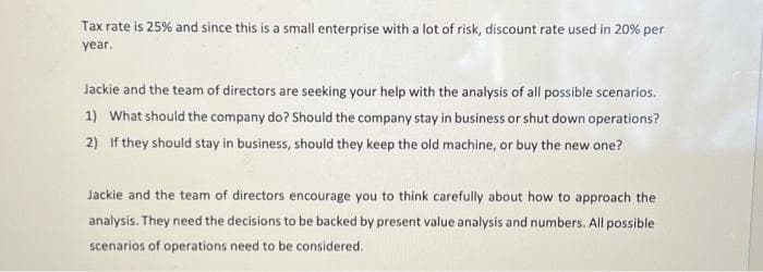 Tax rate is 25% and since this is a small enterprise with a lot of risk, discount rate used in 20% per
year.
Jackie and the team of directors are seeking your help with the analysis of all possible scenarios.
1) What should the company do? Should the company stay in business or shut down operations?
2) If they should stay in business, should they keep the old machine, or buy the new one?
Jackie and the team of directors encourage you to think carefully about how to approach the
analysis. They need the decisions to be backed by present value analysis and numbers. All possible
scenarios of operations need to be considered.