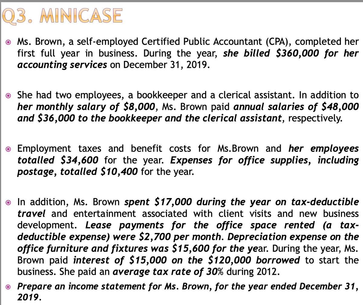 Q3. MINICASE
Ms. Brown, a self-employed Certified Public Accountant (CPA), completed her
first full year in business. During the year, she billed $360,000 for her
accounting services on December 31, 2019.
She had two employees, a bookkeeper and a clerical assistant. In addition to
her monthly salary of $8,000, Ms. Brown paid annual salaries of $48,000
and $36,000 to the bookkeeper and the clerical assistant, respectively.
Employment taxes and benefit costs for Ms.Brown and her employees
totalled $34,600 for the year. Expenses for office supplies, including
postage, totalled $10,400 for the year.
In addition, Ms. Brown spent $17,000 during the year on tax-deductible
travel and entertainment associated with client visits and new business
development. Lease payments for the office space rented (a tax-
deductible expense) were $2,700 per month. Depreciation expense on the
office furniture and fixtures was $15,600 for the year. During the year, Ms.
Brown paid interest of $15,000 on the $120,000 borrowed to start the
business. She paid an average tax rate of 30% during 2012.
• Prepare an income statement for Ms. Brown, for the year ended December 31,
2019.
