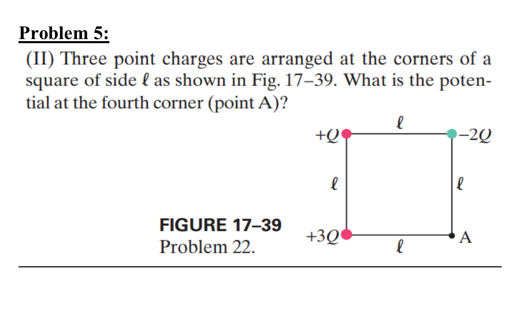 Problem 5:
(II) Three point charges are arranged at the corners of a
square of side l as shown in Fig. 17–39. What is the poten-
tial at the fourth corner (point A)?
FIGURE 17-39
Problem 22.
l
+Q
-20
l
l
+30
A
l