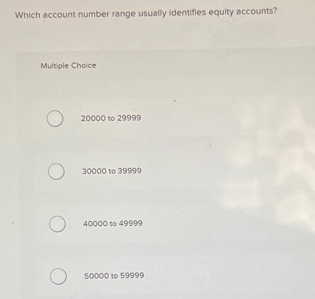 Which account number range usually identifies equity accounts?
Multiple Choice
20000 to 29999
30000 to 39999
40000 to 49999
50000 to 59999