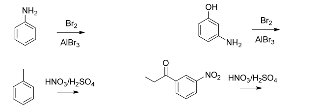 NH₂
Br₂
AlBr3
HNO3/H₂SO4
OH
NH₂
Br₂
AlBr3
NO2 HNO3/H₂SO4