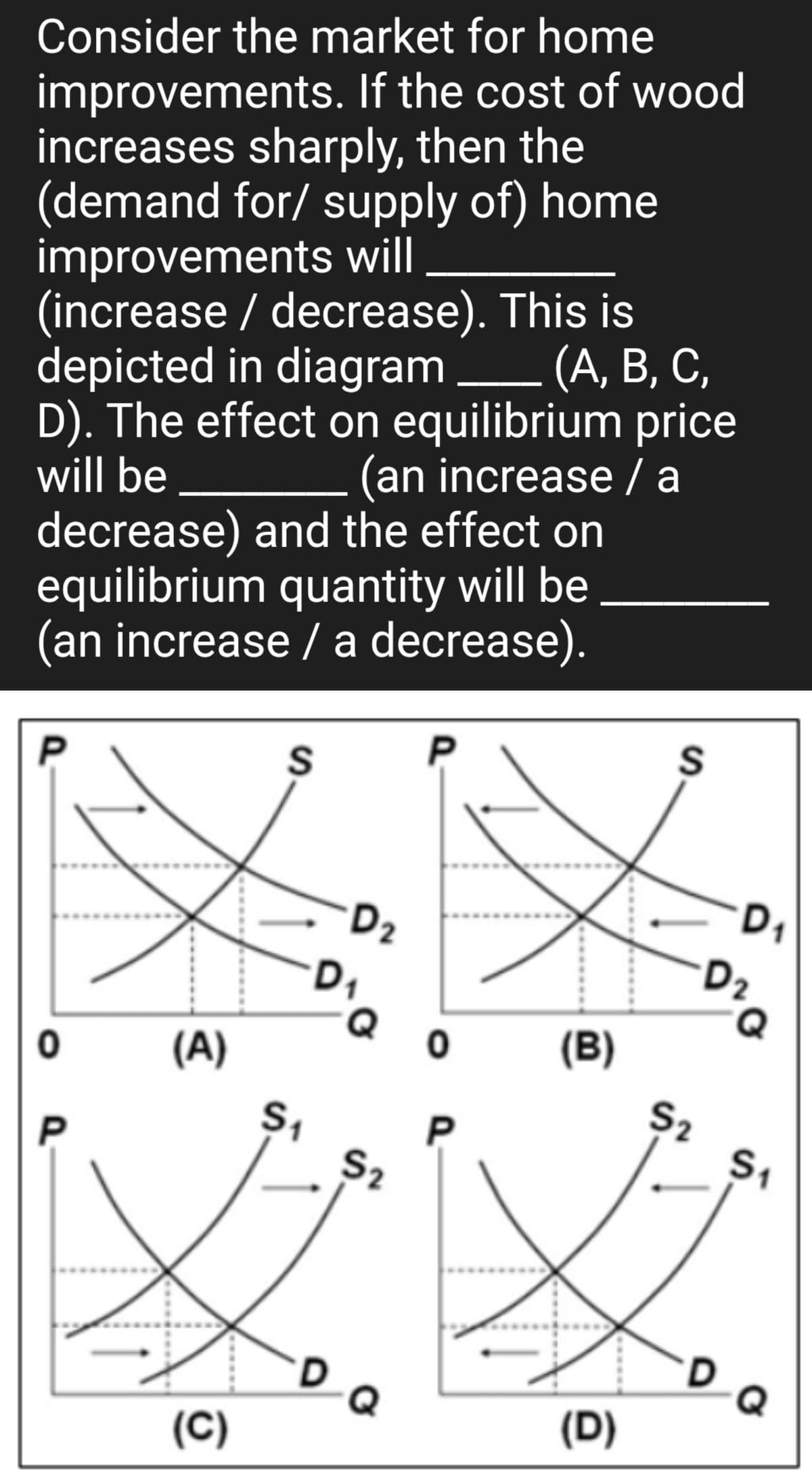 Consider the market for home
improvements. If the cost of wood
increases sharply, then the
(demand for/ supply of) home
improvements will
(increase / decrease). This is
depicted in diagram
(A, B, C,
D). The effect on equilibrium price
will be
(an increase / a
decrease) and the effect on
equilibrium quantity will be
(an increase / a decrease).
P
0
P
(A)
(C)
S
S₁
-D₂
D₁
D
S2
La
P
0
P
(B)
(D)
S
$2
D₁
D²Q
D₂
D
S₁