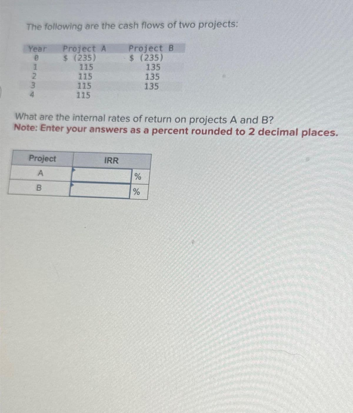 The following are the cash flows of two projects:
Project B
Year Project A
0 $ (235)
$ (235)
115
135
115
135
115
135
115
1234O
1
2
3
4
What are the internal rates of return on projects A and B?
Note: Enter your answers as a percent rounded to 2 decimal places.
Project
A
B
IRR
%
%