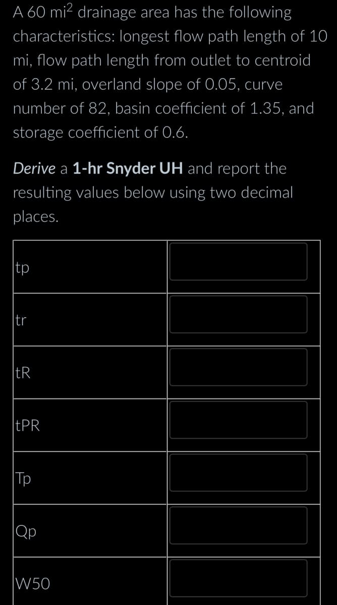 A 60 mi² drainage area has the following
characteristics: longest flow path length of 10
mi, flow path length from outlet to centroid
of 3.2 mi, overland slope of 0.05, curve
number of 82, basin coefficient of 1.35, and
storage coefficient of 0.6.
Derive a 1-hr Snyder UH and report the
resulting values below using two decimal
places.
tp
tr
tR
tPR
Tp
Qp
W50