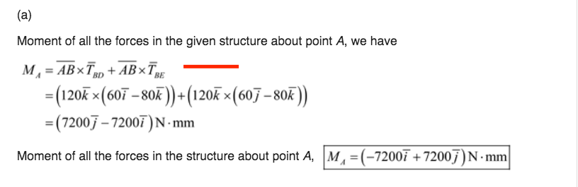 (a)
Moment of all the forces in the given structure about point A, we have
M, = AB×TD + AB×TE
3(120k ×(607 – 80K)) + (120 ×(607– 80K))
=(72007 – 72007)N-1
Moment of all the forces in the structure about point A, M =(-72007 + 7200] )N ·mm
