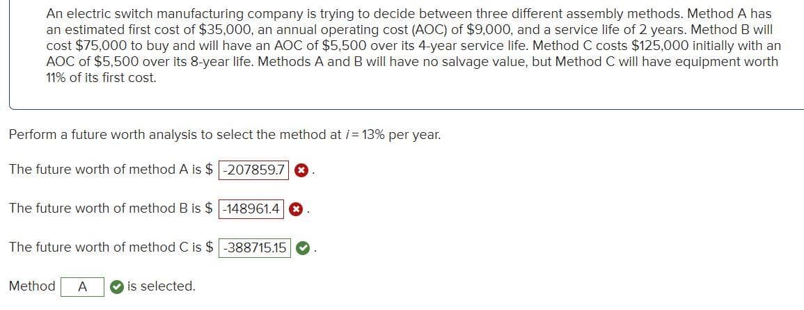 An electric switch manufacturing company is trying to decide between three different assembly methods. Method A has
an estimated first cost of $35,000, an annual operating cost (AOC) of $9,000, and a service life of 2 years. Method B will
cost $75,000 to buy and will have an AOC of $5,500 over its 4-year service life. Method C costs $125,000 initially with an
AOC of $5,500 over its 8-year life. Methods A and B will have no salvage value, but Method C will have equipment worth
11% of its first cost.
Perform a future worth analysis to select the method at /= 13% per year.
The future worth of method A is $
-207859.7 *
The future worth of method B is $ -148961.4 *
The future worth of method C is $ -388715.15
Method A
is selected.