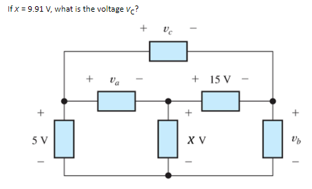 If x = 9.91 V, what is the voltage Vc?
+
ve
+
Va
+ 15 V
+
5 V
X V
