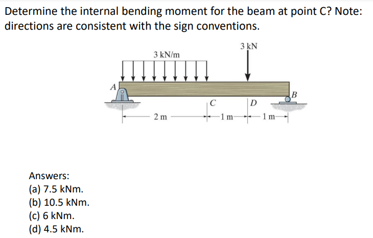 Determine the internal bending moment for the beam at point C? Note:
directions are consistent with the sign conventions.
Answers:
(a) 7.5 kNm.
(b) 10.5 kNm.
(c) 6 kNm.
(d) 4.5 kNm.
3 kN/m
2 m
C
-1 m
3 kN
D
1 m
B