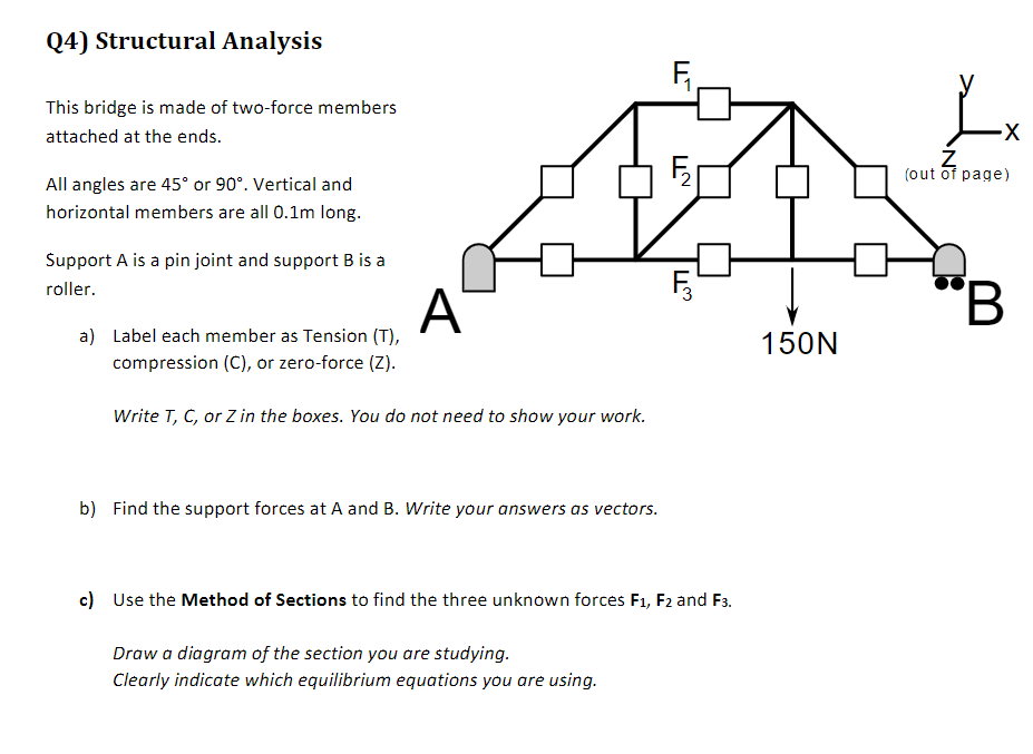 Q4) Structural Analysis
This bridge is made of two-force members
attached at the ends.
All angles are 45° or 90°. Vertical and
horizontal members are all 0.1m long.
Support A is a pin joint and support B is a
roller.
a) Label each member as Tension (T),
compression (C), or zero-force (Z).
A
Write T, C, or Z in the boxes. You do not need to show your work.
b) Find the support forces at A and B. Write your answers as vectors.
F₁₁
Draw a diagram of the section you are studying.
Clearly indicate which equilibrium equations you are using.
NT
LL❤
c) Use the Method of Sections to find the three unknown forces F1, F2 and F3.
150N
Lx
Z
(out of page)
"B