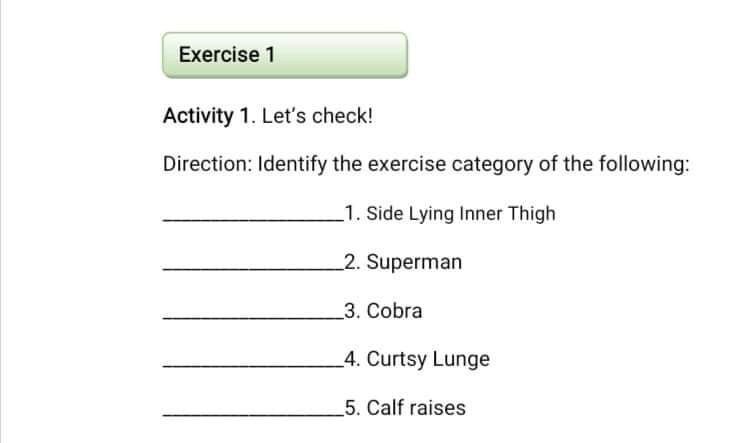 Exercise 1
Activity 1. Let's check!
Direction: Identify the exercise category of the following:
1. Side Lying Inner Thigh
2. Superman
3. Cobra
_4. Curtsy Lunge
5. Calf raises
