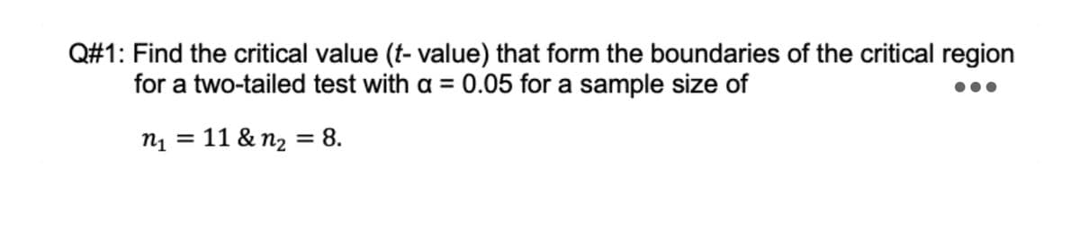Q#1: Find the critical value (t- value) that form the boundaries of the critical region
for a two-tailed test with a = 0.05 for a sample size of
nį = 11 & n2 = 8.
%3D
