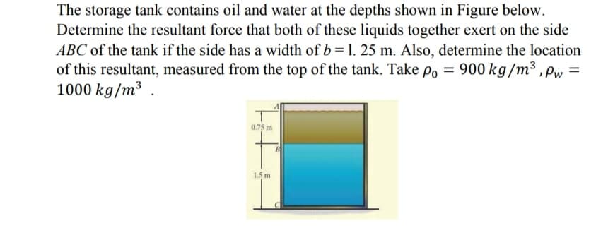 The storage tank contains oil and water at the depths shown in Figure below.
Determine the resultant force that both of these liquids together exert on the side
ABC of the tank if the side has a width of b = 1. 25 m. Also, determine the location
of this resultant, measured from the top of the tank. Take po = 900 kg/m³ , Pw =
1000 kg/m³
0.75 m
15 m
