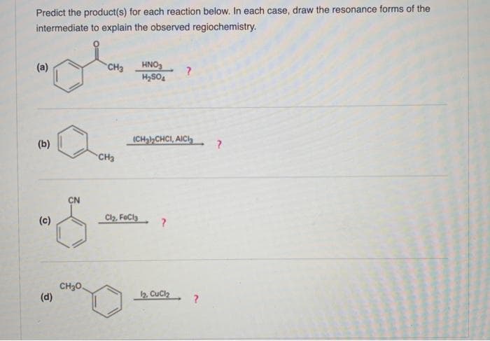 Predict the product(s) for each reaction below. In each case, draw the resonance forms of the
intermediate to explain the observed regiochemistry.
(a)
(b)
(c)
(d)
CN
CH30.
CH3 HNO3
H₂SO4
CH₂
(CH₂CHCI, AIC?
Cl₂, FeCl3
?
B. CUC