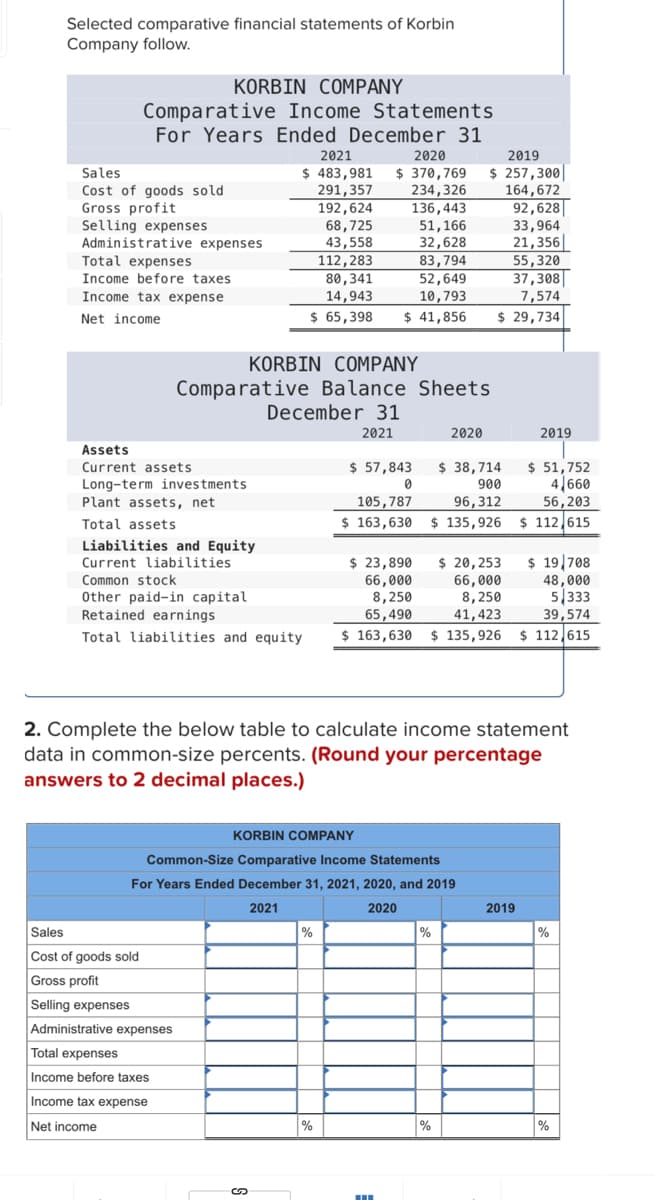 Selected comparative financial statements of Korbin
Company follow.
KORBIN COMPANY
Comparative
Income Statements
For Years Ended December 31
Sales.
Cost of goods sold
Gross profit
Selling expenses
Administrative expenses
Total expenses
Income before taxes
Income tax expense
Net income
Assets
Current assets
Long-term investments.
Plant assets, net
Total assets
KORBIN COMPANY
Comparative Balance Sheets
Liabilities and Equity
Current liabilities.
2021
2020
2019
$ 483,981 $ 370,769 $ 257,300
291,357
234,326
164,672
192,624
136,443
92,628
68,725
51,166
43,558
32,628
112,283
83,794
80,341
52,649
14,943
10,793
$ 65,398 $ 41,856
Sales
Cost of goods sold
Gross profit
Selling expenses
Administrative expenses
Total expenses
Income before taxes
Income tax expense
Net income
Common stock
Other paid-in capital
Retained earnings
Total liabilities and equity
December 31
2021
S
%
$ 57,843
0
KORBIN COMPANY
Common-Size Comparative Income Statements
For Years Ended December 31, 2021, 2020, and 2019
2021
2020
%
$ 38,714
$ 51,752
900
4,660
105,787
96,312
56,203
$ 163,630 $ 135,926 $ 112,615
2. Complete the below table to calculate income statement
data in common-size percents. (Round your percentage
answers to 2 decimal places.)
2020
$ 23,890
$ 20,253
66,000
66,000
8,250
8,250
65,490
41,423
$ 163,630 $ 135,926 $ 112,615
▬▬
33,964
21,356
55,320
37,308
7,574
$ 29,734
%
%
2019
2019
$19,708
48,000
5,333
39,574
%
%