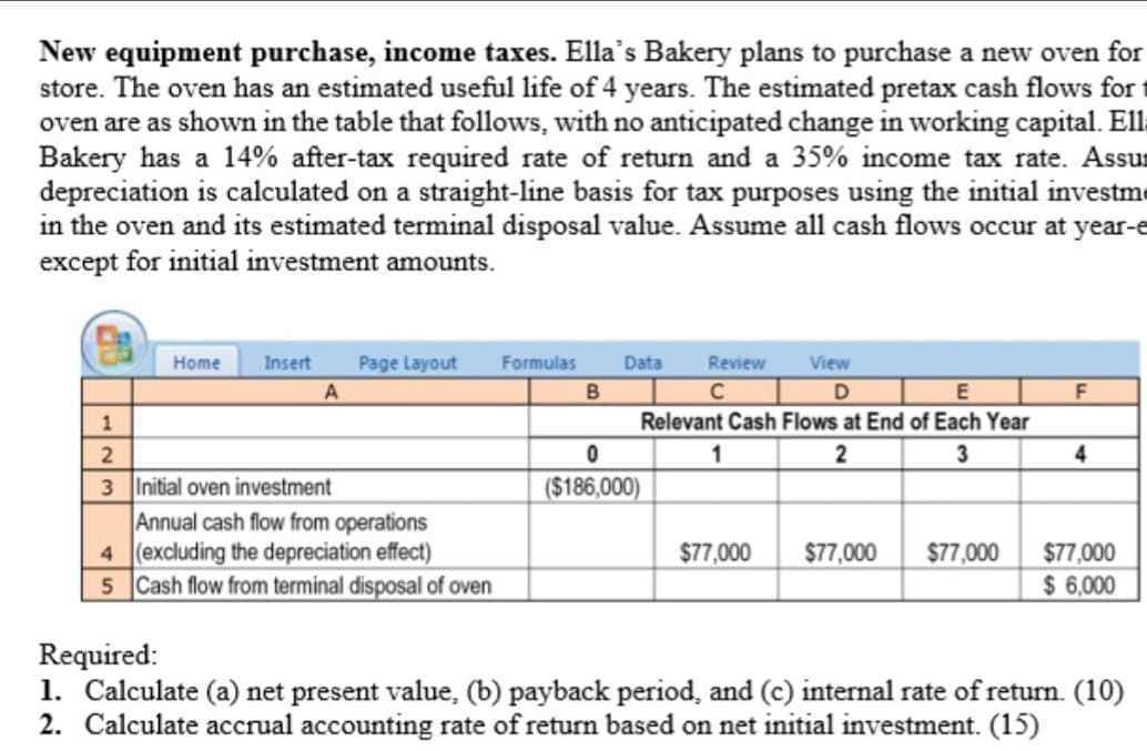 New equipment purchase, income taxes. Ella's Bakery plans to purchase a new oven for
store. The oven has an estimated useful life of 4 years. The estimated pretax cash flows for t
oven are as shown in the table that follows, with no anticipated change in working capital. Ell
Bakery has a 14% after-tax required rate of return and a 35% income tax rate. Assus
depreciation is calculated on a straight-line basis for tax purposes using the initial investme
in the oven and its estimated terminal disposal value. Assume all cash flows occur at year-e
except for initial investment amounts.
Home
Insert
Page Layout
Formulas
Data
Review
View
B
C
E
F
1
Relevant Cash Flows at End of Each Year
1
2
3
4
3 Initial oven investment
Annual cash flow from operations
4 (excluding the depreciation effect)
5 Cash flow from terminal disposal of oven
($186,000)
$77,000
$77,000
$77,000
$ 6,000
$77,000
Required:
1. Calculate (a) net present value, (b) payback period, and (c) internal rate of return. (10)
2. Calculate accrual accounting rate of return based on net initial investment. (15)
