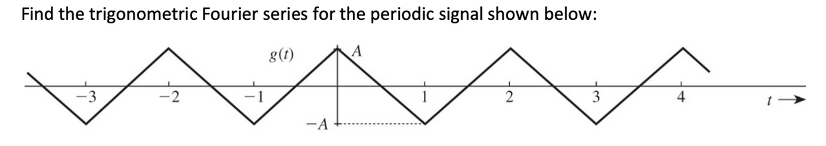 Find the trigonometric Fourier series for the periodic signal shown below:
g(t)
-3
-A
2
3
4