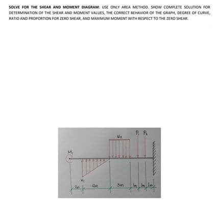 SOVE FOR THE SHEAR AND MOMENT DIAGRAM: USE ONLY AREA METHOD. SHOW COMPLETE SOLUTION FOR
DETERMINATION OF THE SHEAR AND MOMENT VALUES, THE CORRECT BEHAVIOR OF THE GRAPH, DEGREE OF CURVE,
RATIO AND PROPORTION FOR ZERO SHEAR, AND MAXIMUM MOMENT WITH RESPECT TO THE ZERO SHEAR.
P Pa
4m
Sen
