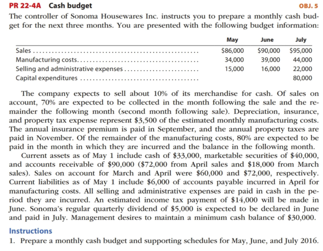 PR 22-4A Cash budget
OBJ. 5
The controller of Sonoma Housewares Inc. instructs you to prepare a monthly cash bud-
get for the next three months. You are presented with the following budget information:
May
June
July
Sales .
Manufacturing costs..
Selling and administrative expenses
$86,000
$90,000
$95,000
34,000
39,000
44,000
15,000
16,000
22,000
Capital expenditures
80,000
The company expects to sell about 10% of its merchandise for cash. Of sales on
account, 70% are expected to be collected in the month following the sale and the re-
mainder the following month (second month following sale). Depreciation, insurance,
and property tax expense represent $3,500 of the estimated monthly manufacturing costs.
The annual insurance premium is paid in September, and the annual property taxes are
paid in November. Of the remainder of the manufacturing costs, 80% are expected to be
paid in the month in which they are incurred and the balance in the following month.
Current assets as of May 1 include cash of $33,000, marketable securities of $40,000,
and accounts receivable of $90,000 ($72,000 from April sales and $18,000 from March
sales). Sales on account for March and April were $60,000 and $72,000, respectively.
Current liabilities as of May 1 include $6,000 of accounts payable incurred in April for
manufacturing costs. All selling and administrative expenses are paid in cash in the pe-
riod they are incurred. An estimated income tax payment of $14,000 will be made in
June. Sonoma's regular quarterly dividend of $5,000 is expected to be declared in June
and paid in July. Management desires to maintain a minimum cash balance of $30,000.
Instructions
1. Prepare a monthly cash budget and supporting schedules for May, June, and July 2016.
