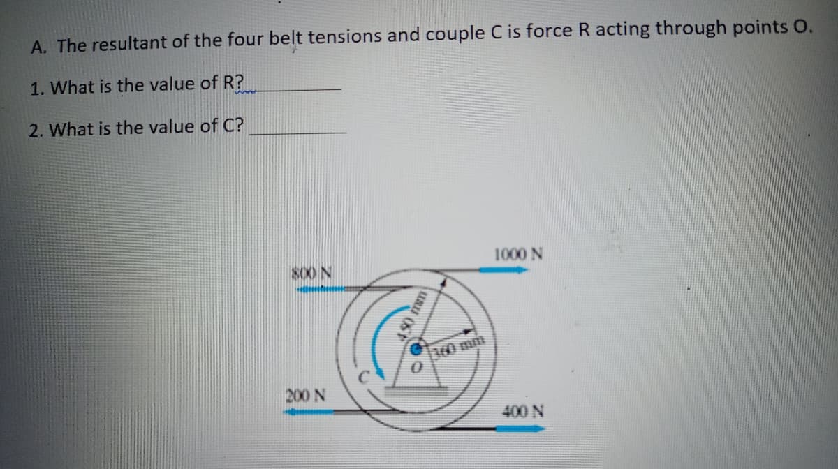 A. The resultant of the four belt tensions and couple C is force R acting through points O.
1. What is the value of R?
2. What is the value of C?
1000 N
30 mm
200 N
400 N
