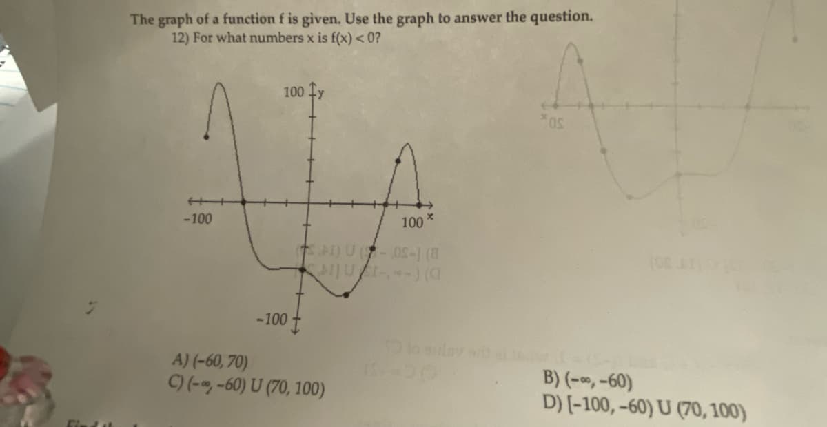 The graph of a function f is given. Use the graph to answer the question.
12) For what numbers x is f(x) <0?
-100
100
-100
100
A) (-60, 70)
C) (-∞, -60) U (70, 100)
X
AI) U (-05-) (8
MIUI--) (@
* OS
to suloy sit with=
15-20
(OR 1
B) (-∞, -60)
D) [-100,-60) U (70, 100)