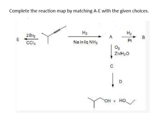 Complete the reaction map by matching A-E with the given choices.
E
LU
2Br₂
CCl4
H₂
Na in liq NH3
A
C
OH
H₂
D
Pt
0₂
Zn/H₂O
HOW
B