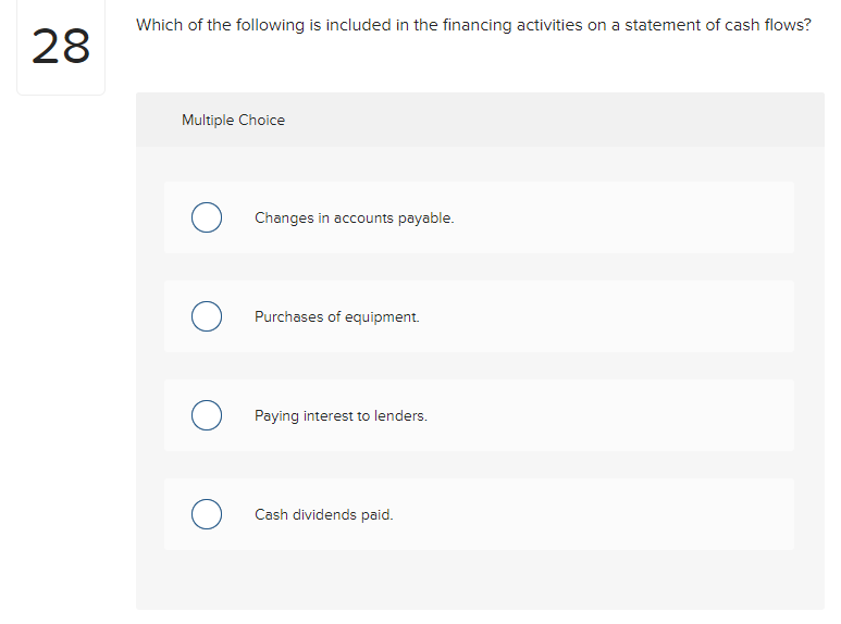 Which of the following is included in the financing activities on a statement of cash flows?
28
Multiple Choice
O Changes in accounts payable.
Purchases of equipment.
Paying interest to lenders.
Cash dividends paid.
