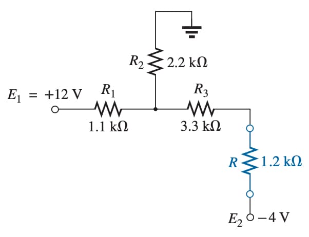 R, 2.2 kN
E, =
+12 V R1
R3
1.1 kN
3.3 k2
1.2 k2
E2 6-4 V
